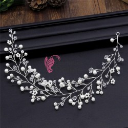 Accesoriu modern pentru decor par WED15AA Argintiu cu cristale si perle de 30cm